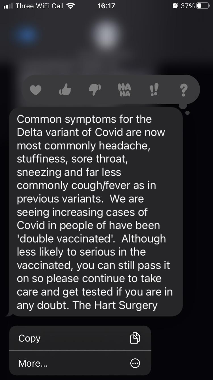 Common symptoms for the Delta variant of Covid are now most commonly headache, stuffiness, sore throat, sneezing